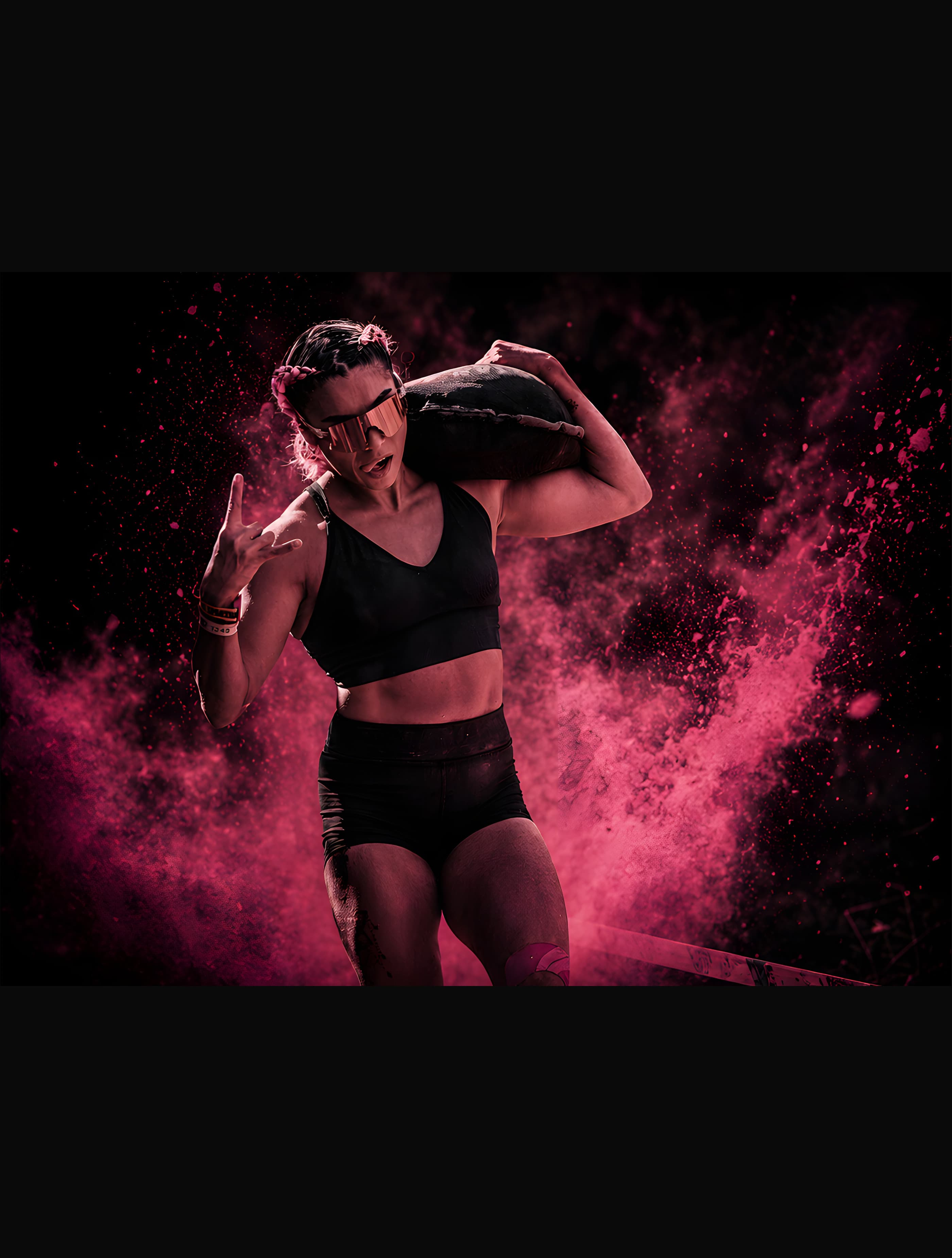 Karen Lopez with sandbag overhead, pink chalk explosion behind her